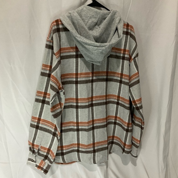 Staccato Womens Fall Plaid Hooded Shacket Size Large Gray Orange Black NWOT - Picture 2 of 13
